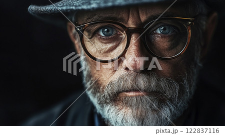 Man with a hat and glasses is staring at the camera. The image has a moody and serious tone Man with a hat and glasses is staring at the camera. The image has a moody and serious tone 122837116