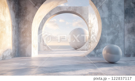 White room with a large white circle and a smaller white circle. The room is empty and the circles are the only objects in it White room with a large white circle and a smaller white circle. The room is empty and the circles are the only objects in it 122837117