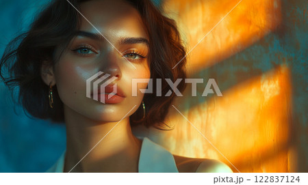Woman with a blue eye shadow and a red lipstick is standing in front of a wall. The wall is orange and the light is shining on her face 122837124