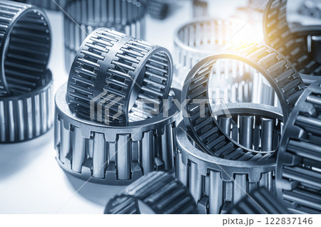 Close up scene the needle rolling  bearing parts in the light blue scene. 122837146