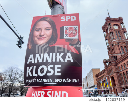 Berlin, Germany - February 2, 2025: Election campaign poster of the German Social Democratic political party SPD promoting the candidate Annika Klose for the German federal election Berlin, Germany - February 2, 2025: Election campaign poster of the German Social Democratic political party SPD promoting the candidate Annika Klose for the German federal election 122837159