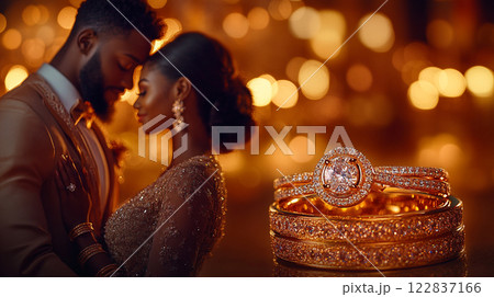 Romantic Elegance. A tender couple in golden light with elegant jewelry. 122837166