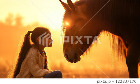 Golden Bond. A serene moment between a girl and a horse in warm sunset hues. Golden Bond. A serene moment between a girl and a horse in warm sunset hues. 122837170