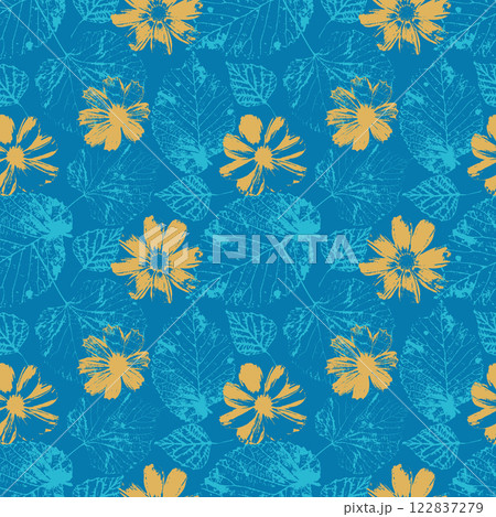 Seamless pattern with yellow and blue tree leaves and cosmos flowers stamps Seamless pattern with yellow and blue tree leaves and cosmos flowers stamps 122837279