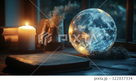 an old book lies on a wooden table, illuminated by the warm light of a candle, next to it lies a magic ball on which the moon shines from the window an old book lies on a wooden table, illuminated by the warm light of a candle, next to it lies a magic ball on which the moon shines from the window 122837334