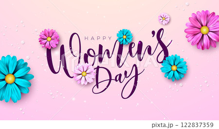 8 March. Happy Women's Day Floral Illustration. International Womens Day Vector Design with Colorful Spring Flower and Typography Lettering on Light Pink Background. Woman or Mother Day Theme Template 122837359