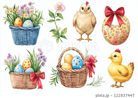 Easter Basket Set with Decorative Spring Elements and Cute Chicks 122837447
