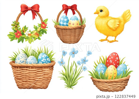 Easter Basket Set with Decorative Spring Elements and Cute Chicks Easter Basket Set with Decorative Spring Elements and Cute Chicks 122837449