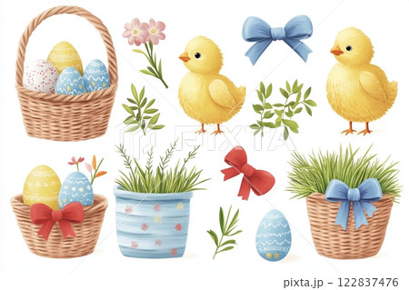 Easter Basket Set with Decorative Spring Elements and Cute Chicks Easter Basket Set with Decorative Spring Elements and Cute Chicks 122837476