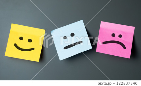 Three sticky notes display cheerful, neutral, and sad smiley faces expressing emotions 122837540