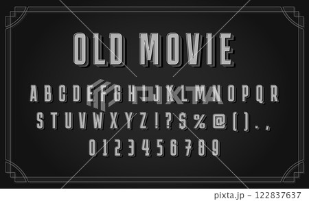 Classic silent film typeface. Old movie font, noir cinema alphabet letters with 3D extrude effect. Intertitle typography for vintage cinematic monochrome titles vector set 122837637