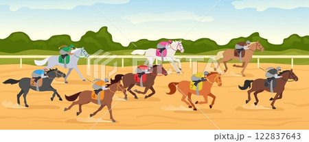 Cartoon hippodrome competition. Horse race track with jockey riding horses, equestrian sport and horse riders compete. Fast galloping tournament vector illustration Cartoon hippodrome competition. Horse race track with jockey riding horses, equestrian sport and horse riders compete. Fast galloping tournament vector illustration 122837643