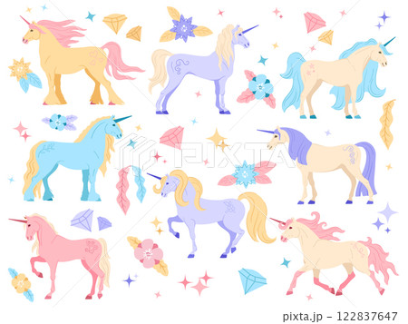 Cartoon unicorns. Cute fairy tale horses with magic horn, spark gems and flowers. Fantasy animal, magical princess stallion and glamour unicorn. Mythical horses isolated vector illustration set Cartoon unicorns. Cute fairy tale horses with magic horn, spark gems and flowers. Fantasy animal, magical princess stallion and glamour unicorn. Mythical horses isolated vector illustration set 122837647