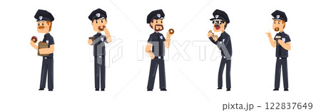 Man Police Officer in Uniform Eat Donut and Drink Coffee Vector Set 122837649