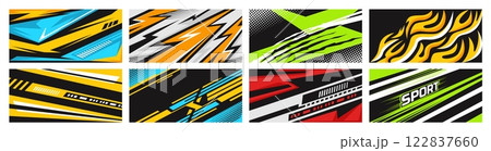 Dynamic sport backgrounds. Energetic abstract lightning, extreme racing fast lines, claw scratches, futuristic tech shapes and fire flames backdrops vector set 122837660