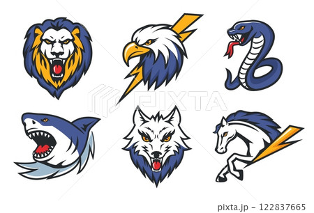 Animal decal. Sport team mascot beasts, bold lion, bald eagle, dangerous snake, extreme shark, angry wolf and fast horse for emblem or sticker design. Isolated vector set 122837665