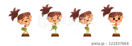 Dancing Hawaiian Girl Character in Skirt and Flower Wreath Vector Set 122837668