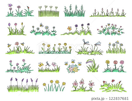 Hand drawn spring grass tufts. Colorful garden doodles of grass patches with blooming field flowers and flying insects. Meadow greenery isolated vector set 122837681