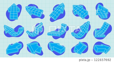 Arrow 3D wireframes. Futuristic grid arrows in various directions and orientations, digital geometric arrow pointers, pointing and turn navigation symbols vector set Arrow 3D wireframes. Futuristic grid arrows in various directions and orientations, digital geometric arrow pointers, pointing and turn navigation symbols vector set 122837692