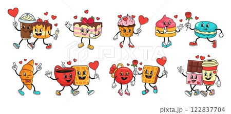Valentines day dessert characters. Cute retro mascots for romantic cake, macaroon, love croissant and cupcake with hearts. isolated vector illustration set Valentines day dessert characters. Cute retro mascots for romantic cake, macaroon, love croissant and cupcake with hearts. isolated vector illustration set 122837704