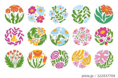Abstract circle flower. Decorative blooming plant circular motifs with textured flowers and hand drawn leaves. Botanical coaster print designs with blooms and greenery vector illustration set 122837709