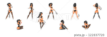Sexy Woman Character in Black Leather Lingerie Vector Set 122837720