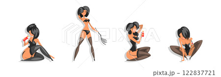 Sexy Woman Character in Black Leather Lingerie Vector Set 122837721