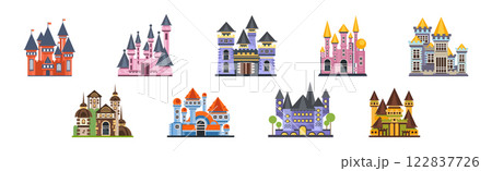 Fairy Medieval Castle with Stone Wall and Tower Vector Set 122837726