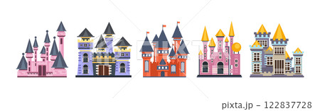 Fairy Medieval Castle with Stone Wall and Tower Vector Set 122837728