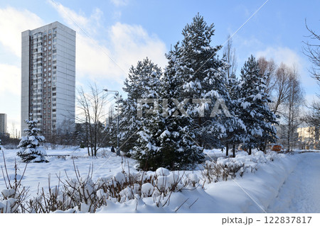 Frosty winter city park in Moscow, Russia 122837817