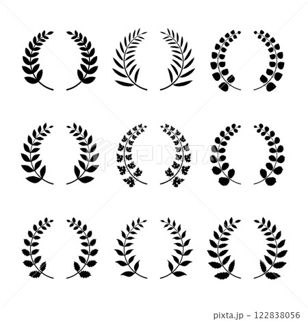 Elegant Laurel Wreaths Collection Black Silhouettes Vector Illustration. Each wreath features unique leaf designs, ranging from smooth and simple to intricate and detailed patterns. Elegant Laurel Wreaths Collection Black Silhouettes Vector Illustration. Each wreath features unique leaf designs, ranging from smooth and simple to intricate and detailed patterns. 122838056