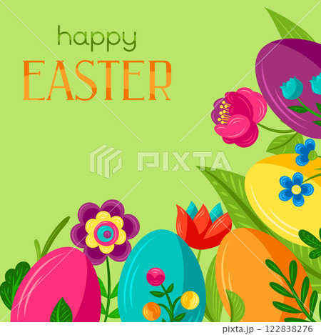 Happy Easter greeting card. Cute eggs and flowers for celebration. 122838276