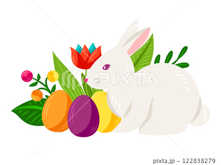 Happy Easter greeting card. Cute bunny, eggs and flowers for celebration. Happy Easter greeting card. Cute bunny, eggs and flowers for celebration. 122838279
