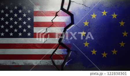 US versus EU trade war and economic tension as a cracked metal wall separates the flags. Business competition between American and European states creating tariff stress and imposing import taxes 122838301