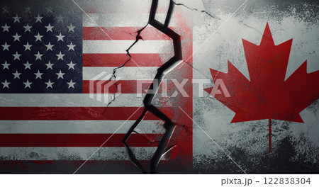 US vs Canada trade war and economic tension as a cracked metal wall separates the national flags. Business competition between American and Canadian states creating tariff stress imposing import taxes 122838304