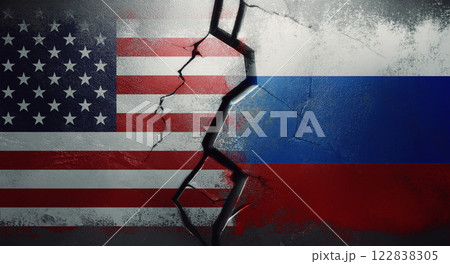 US vs Russia political and economic tension as a cracked wall separates the national flags. Geopolitical competition and trade war disputes between American and Russian states creating global stress 122838305