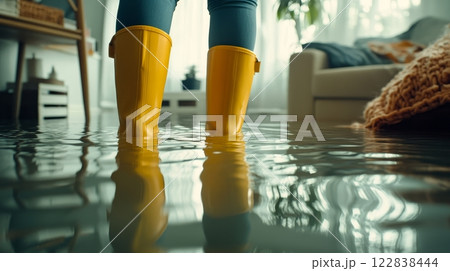 A person wearing yellow boots stands in water inside a flooded room, highlighting the impact of water damage on home interiors. 122838444