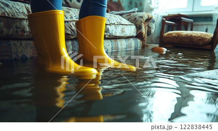 A person stands in yellow boots on a flooded floor, surrounded by water in a living room setting. 122838445