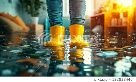 A person stands in yellow boots on a flooded floor, surrounded by water and debris, with sunlight streaming into the room. 122838446