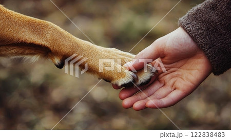 A tender moment captured as a person's hand gently touches the paw of a dog, symbolizing connection and companionship between humans and animals. A tender moment captured as a person's hand gently touches the paw of a dog, symbolizing connection and companionship between humans and animals. 122838483