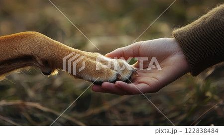 A close-up of a dog paw and a human hand touching gently, symbolizing connection and trust between species in a natural setting. A close-up of a dog paw and a human hand touching gently, symbolizing connection and trust between species in a natural setting. 122838484