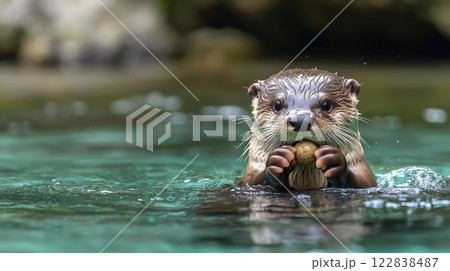 A playful otter swims in clear water, holding a stone between its paws, showcasing its charming aquatic nature. 122838487
