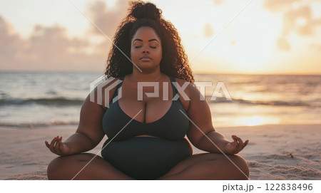 A serene plus size woman meditates on the beach at sunset, embodying peace and self-acceptance amidst a beautiful natural backdrop. 122838496