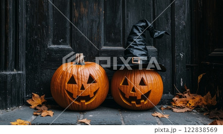 Two carved pumpkins with smiling faces sit beside a rustic wooden door, adorned with a witch hat, surrounded by autumn leaves, embodying Halloween vibes. 122838569