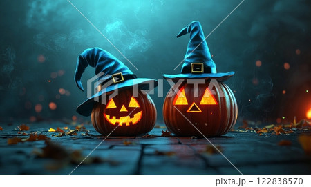 Two illuminated jack-o'-lanterns wearing witches' hats create a festive Halloween atmosphere, surrounded by mist and autumn leaves. 122838570