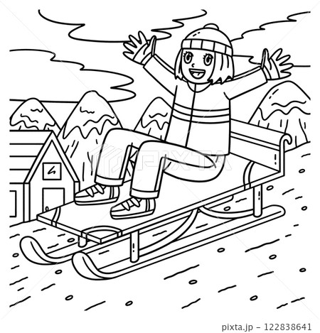 Sledding Girl with Hands in the Air Coloring Page  122838641