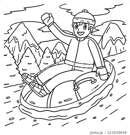 Sledding Boy Riding an Inflatable Sled Coloring  122838644