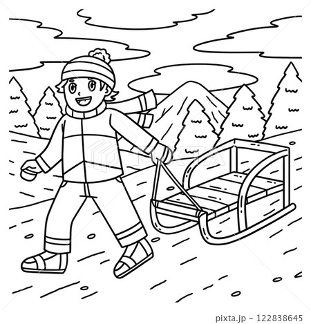 Sledding Boy Dragging a Sled Coloring Page Sledding Boy Dragging a Sled Coloring Page 122838645