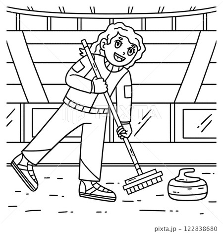 Curling Female Curler Sweeping Coloring Page  122838680