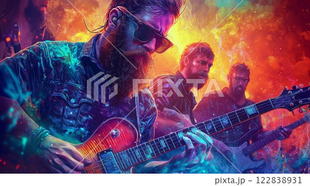 A vibrant, artistic depiction of a guitarist with a beard and sunglasses, surrounded by colorful cosmic effects and two bandmates. 122838931